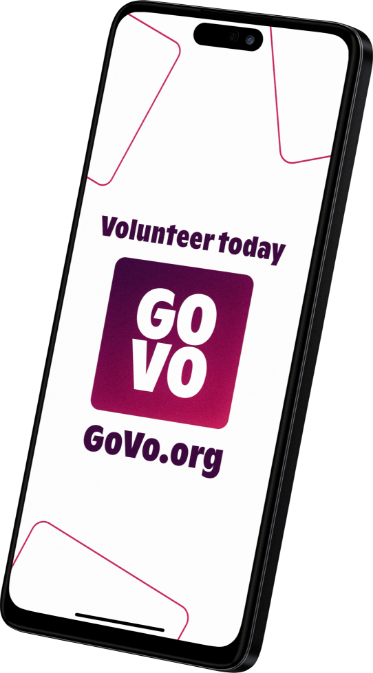 An illustrative visual of a mobile phone. On the phone there is the GoVo logo and the words 'Volunteer today. Go to GoVo.org.'
